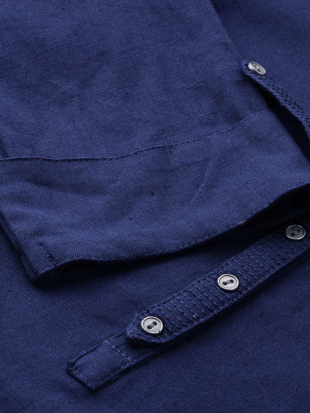  Blue Solid Straight Roll up Sleeve Kurti -  world