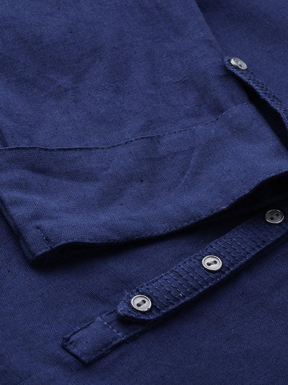  Blue Solid Straight Roll up Sleeve Kurti -  world