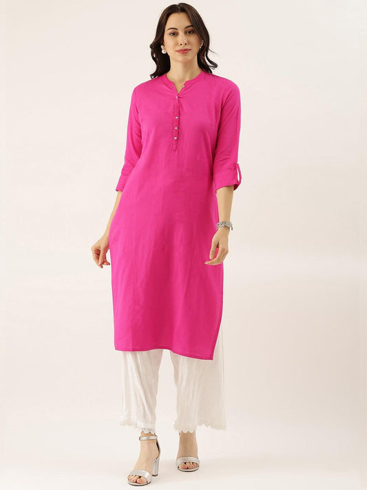  Pink Solid Straight Roll up Sleeve Kurti -  world