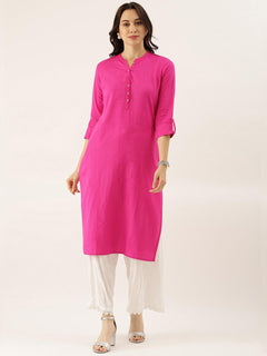 Pink Solid Straight Roll up Sleeve Kurti