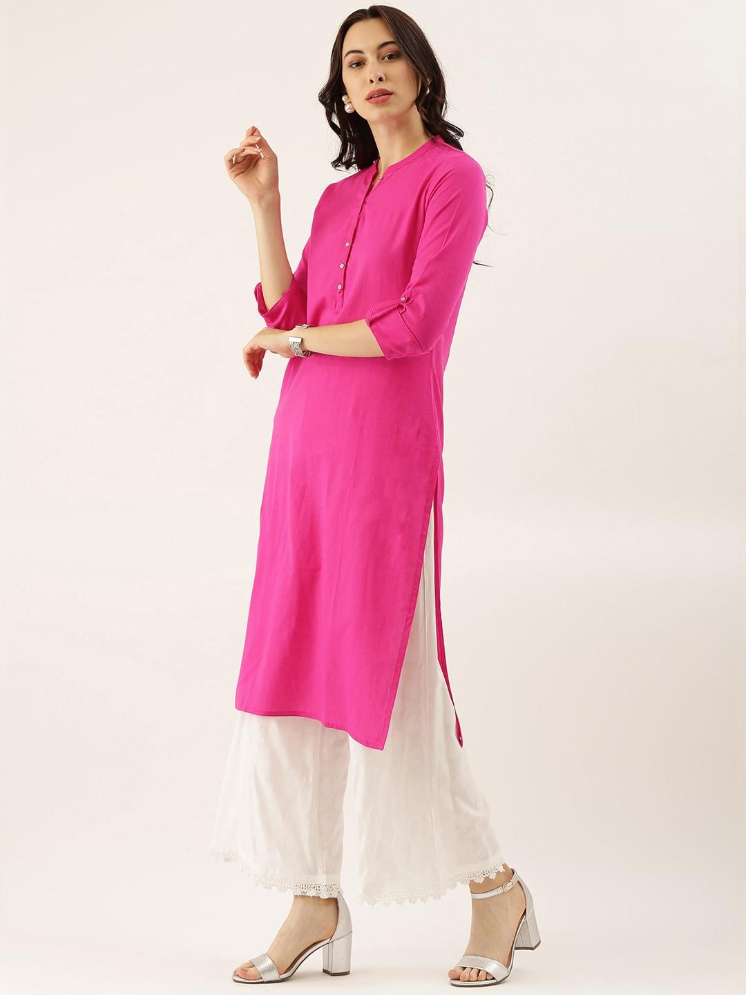  Pink Solid Straight Roll up Sleeve Kurti -  world