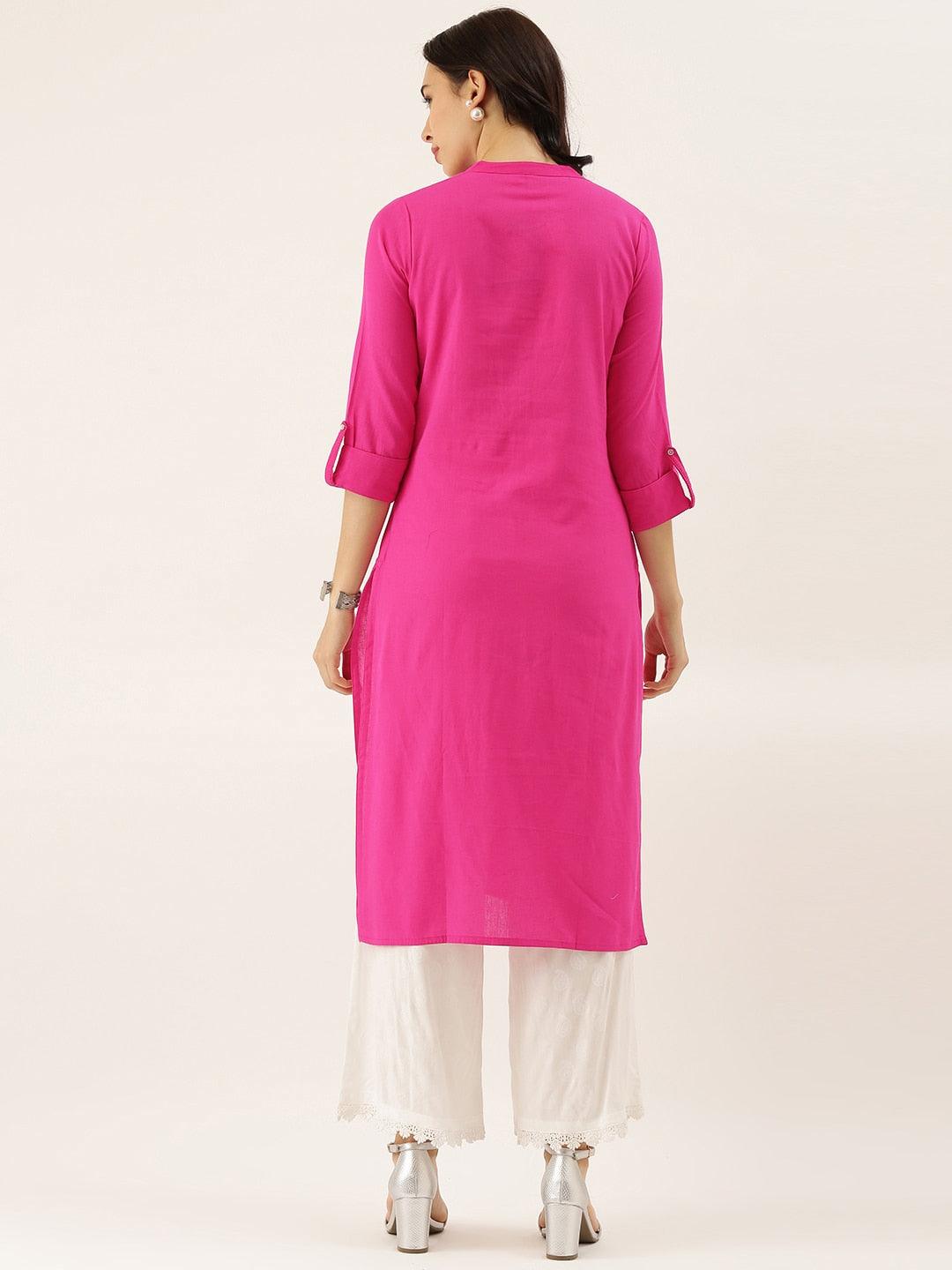 Pink Solid Straight Roll up Sleeve Kurti -  world