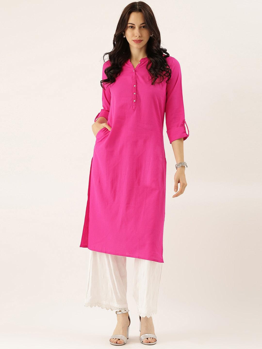  Pink Solid Straight Roll up Sleeve Kurti -  world