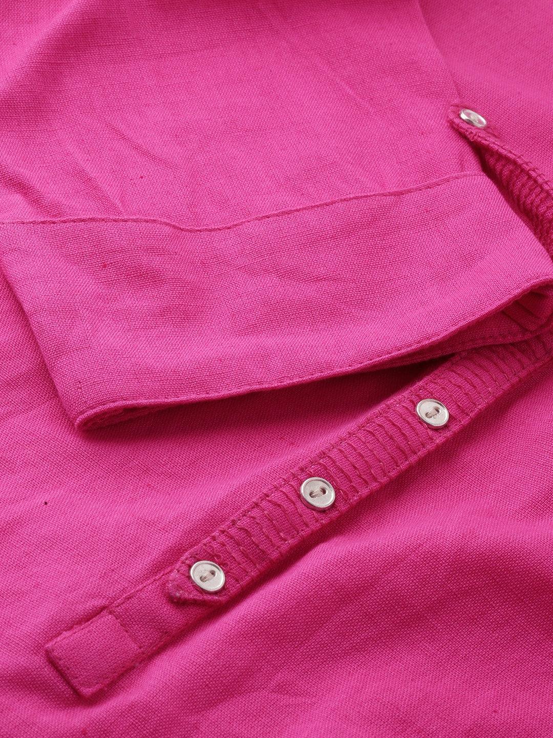  Pink Solid Straight Roll up Sleeve Kurti -  world