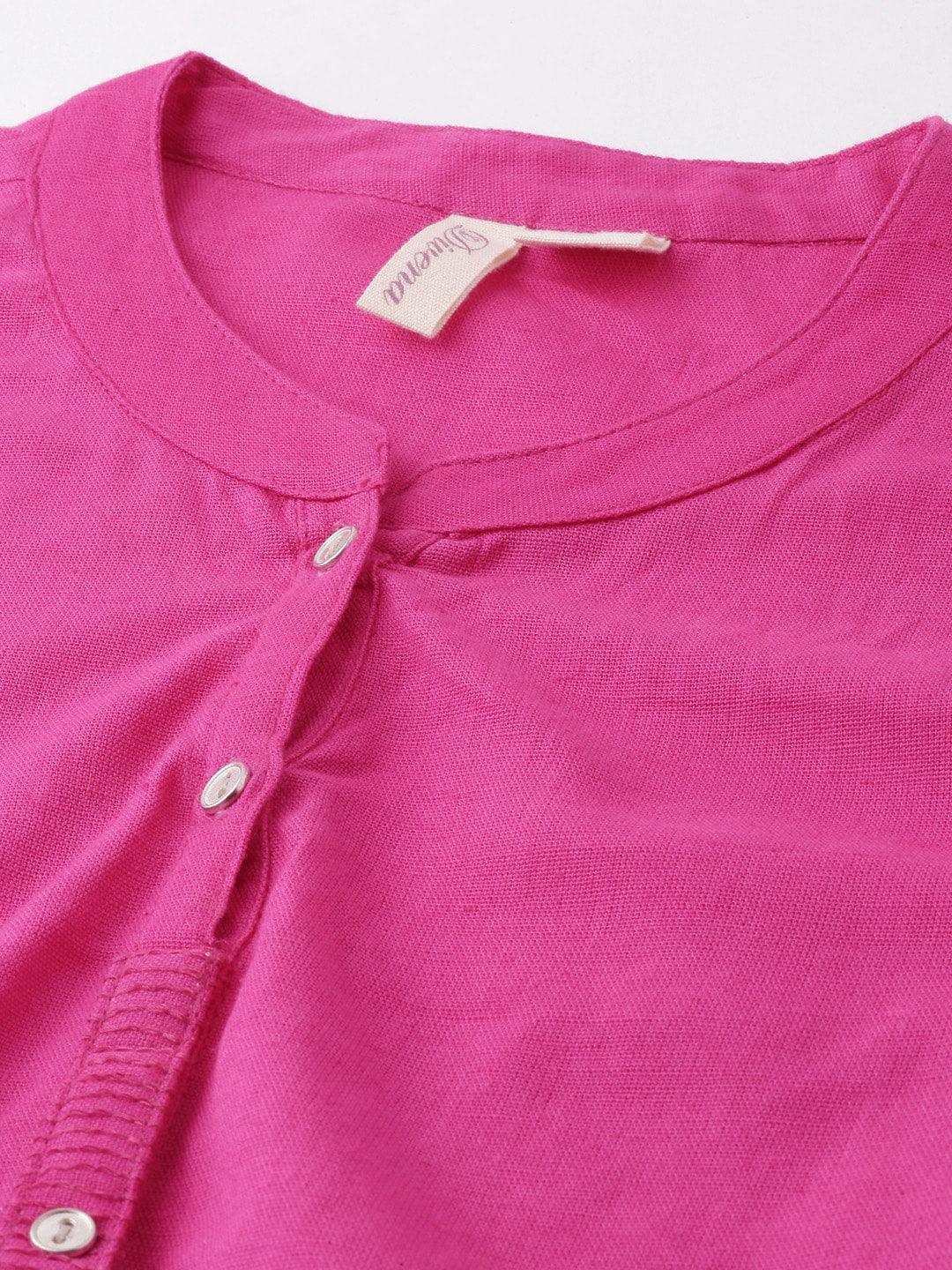  Pink Solid Straight Roll up Sleeve Kurti -  world