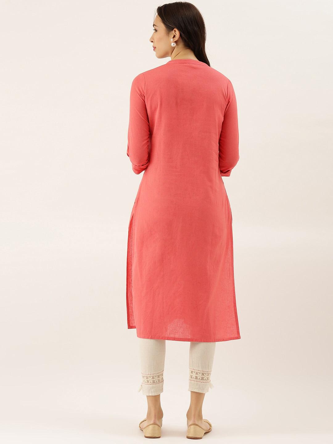  Peach Solid Straight Roll up Sleeve Kurti -  world