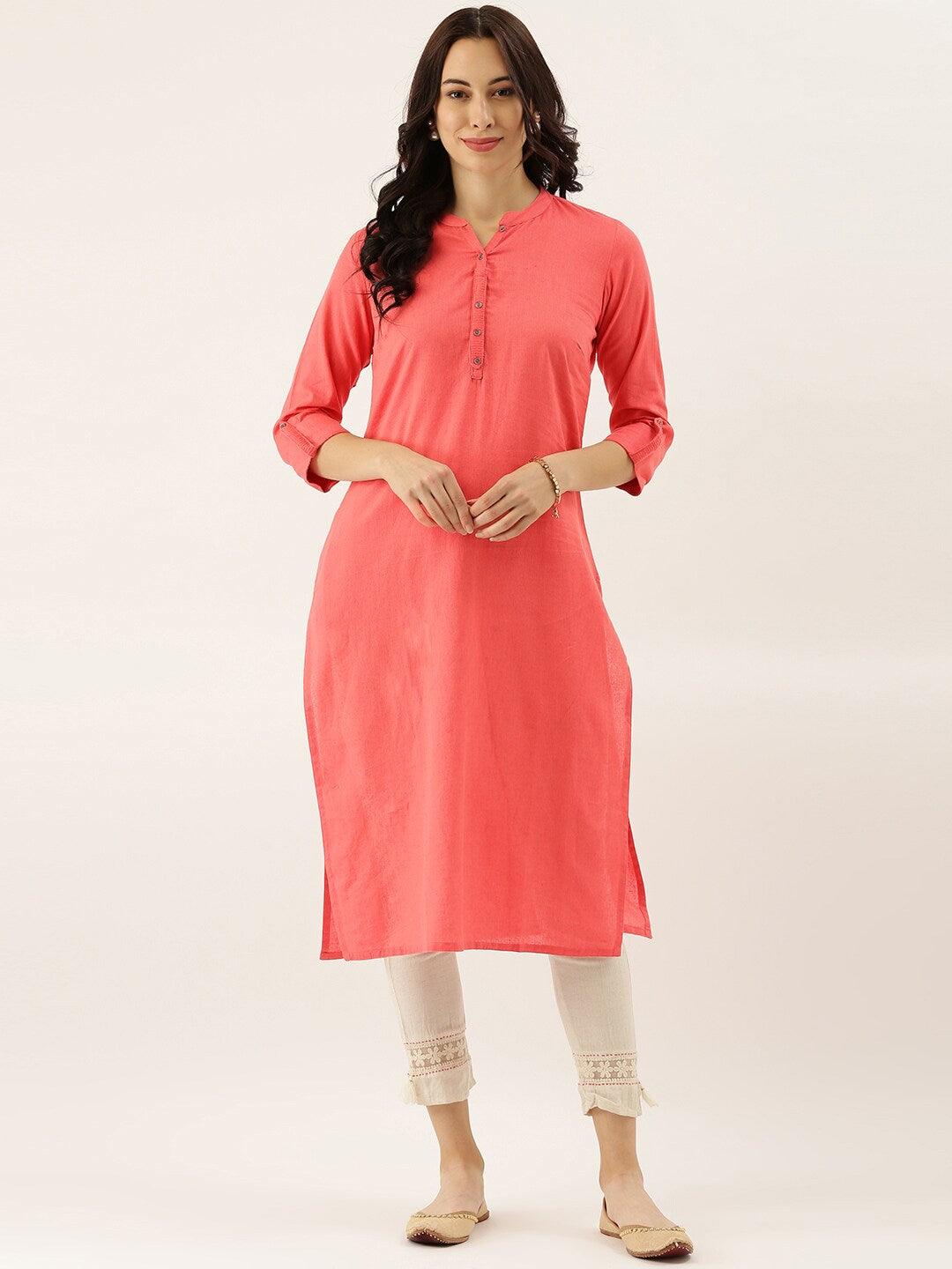  Peach Solid Straight Roll up Sleeve Kurti -  world