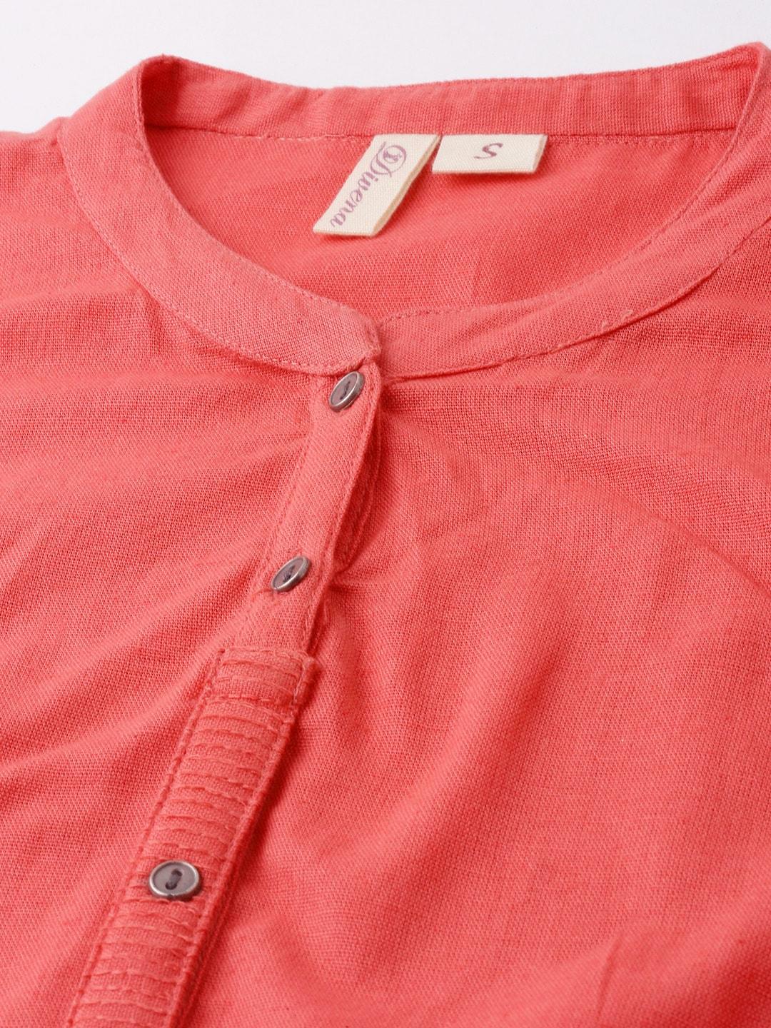  Peach Solid Straight Roll up Sleeve Kurti -  world