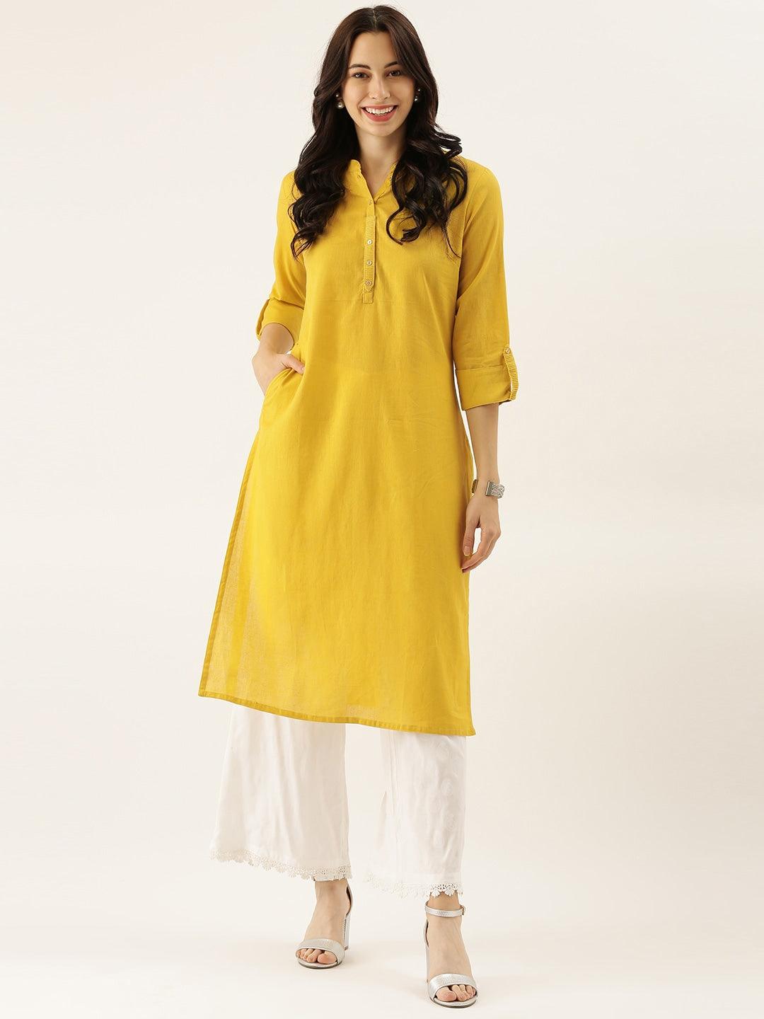  Yellow Solid Straight Roll up Sleeve Kurti -  world