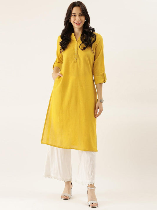  Yellow Solid Straight Roll up Sleeve Kurti -  world