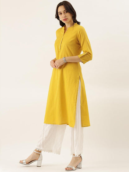  Yellow Solid Straight Roll up Sleeve Kurti -  world
