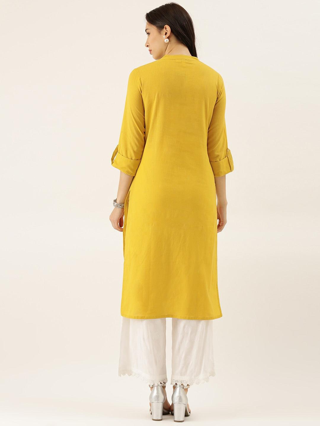  Yellow Solid Straight Roll up Sleeve Kurti -  world