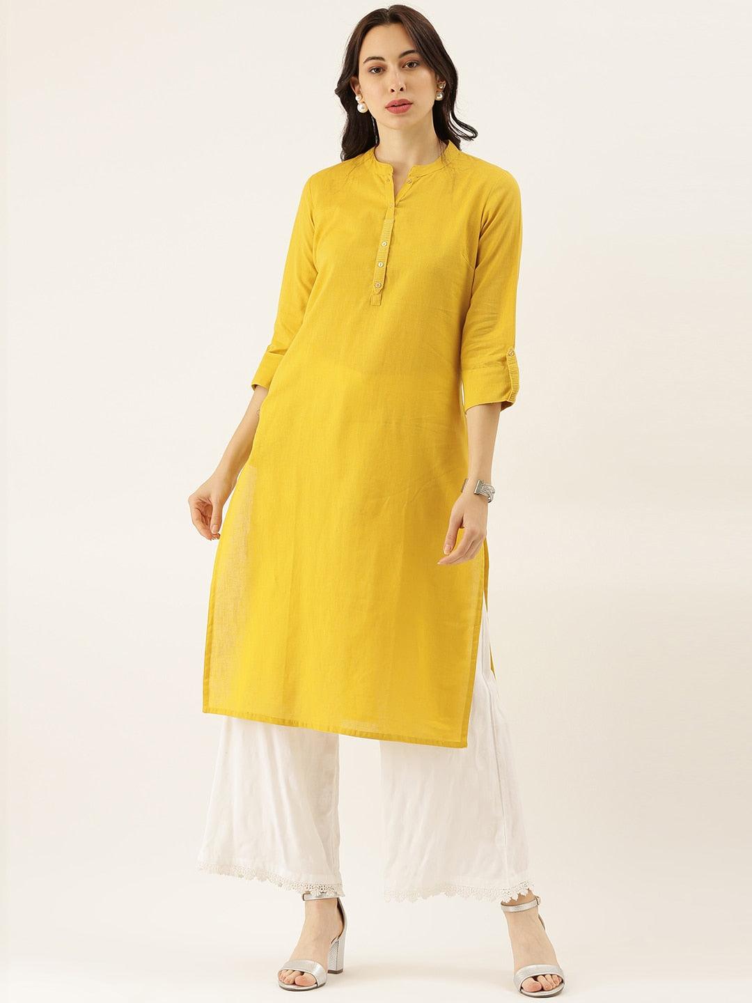  Yellow Solid Straight Roll up Sleeve Kurti -  world