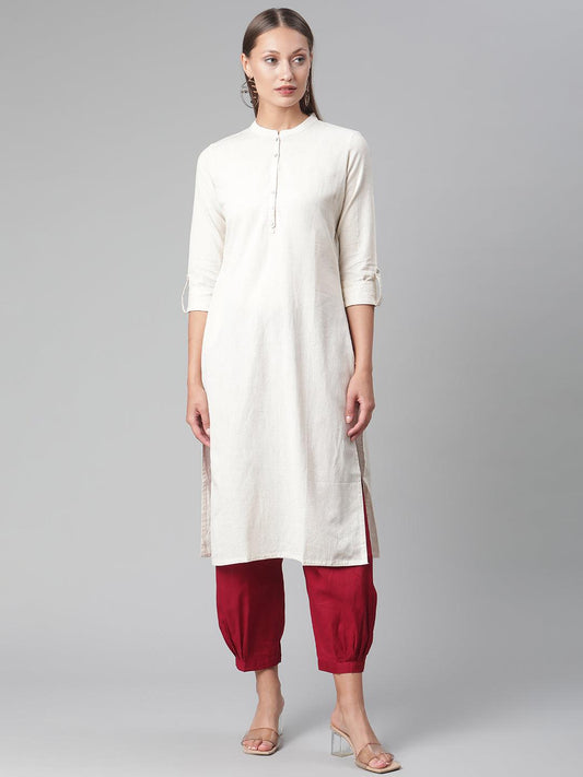  Solid Beige Cotton Kurta -  world