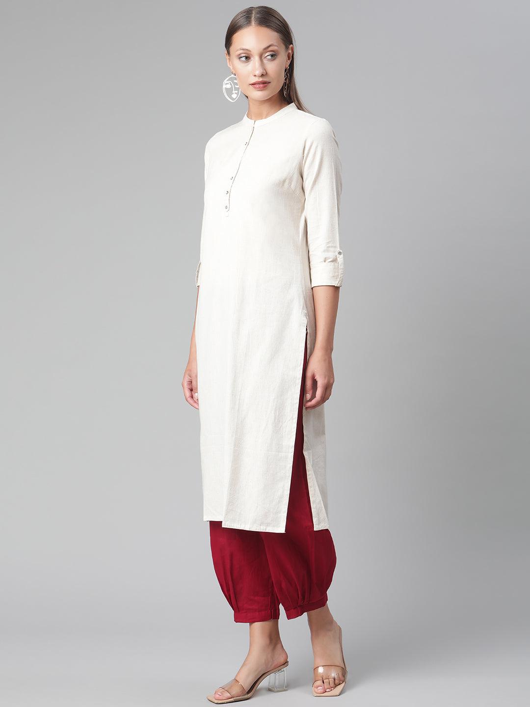  Solid Beige Cotton Kurta -  world