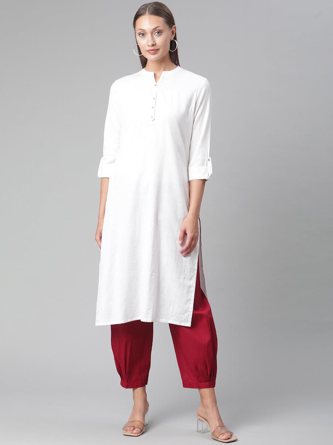  White Solid Pure Cotton Straight Kurta -  world