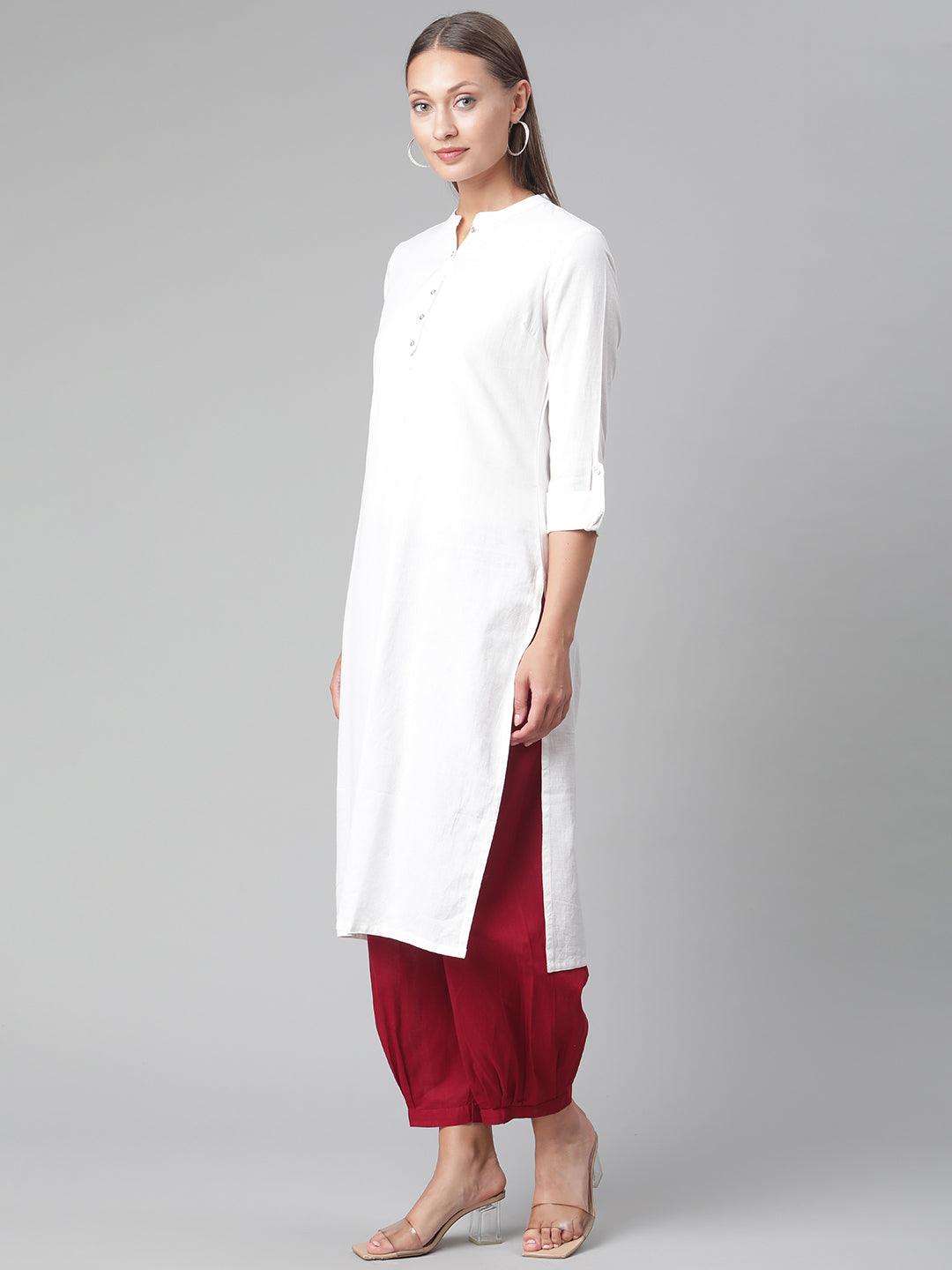  White Solid Pure Cotton Straight Kurta -  world