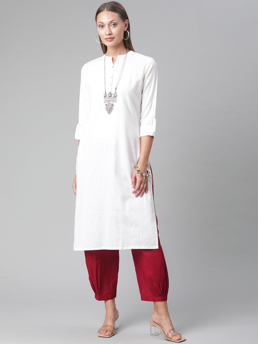  White Solid Pure Cotton Straight Kurta -  world