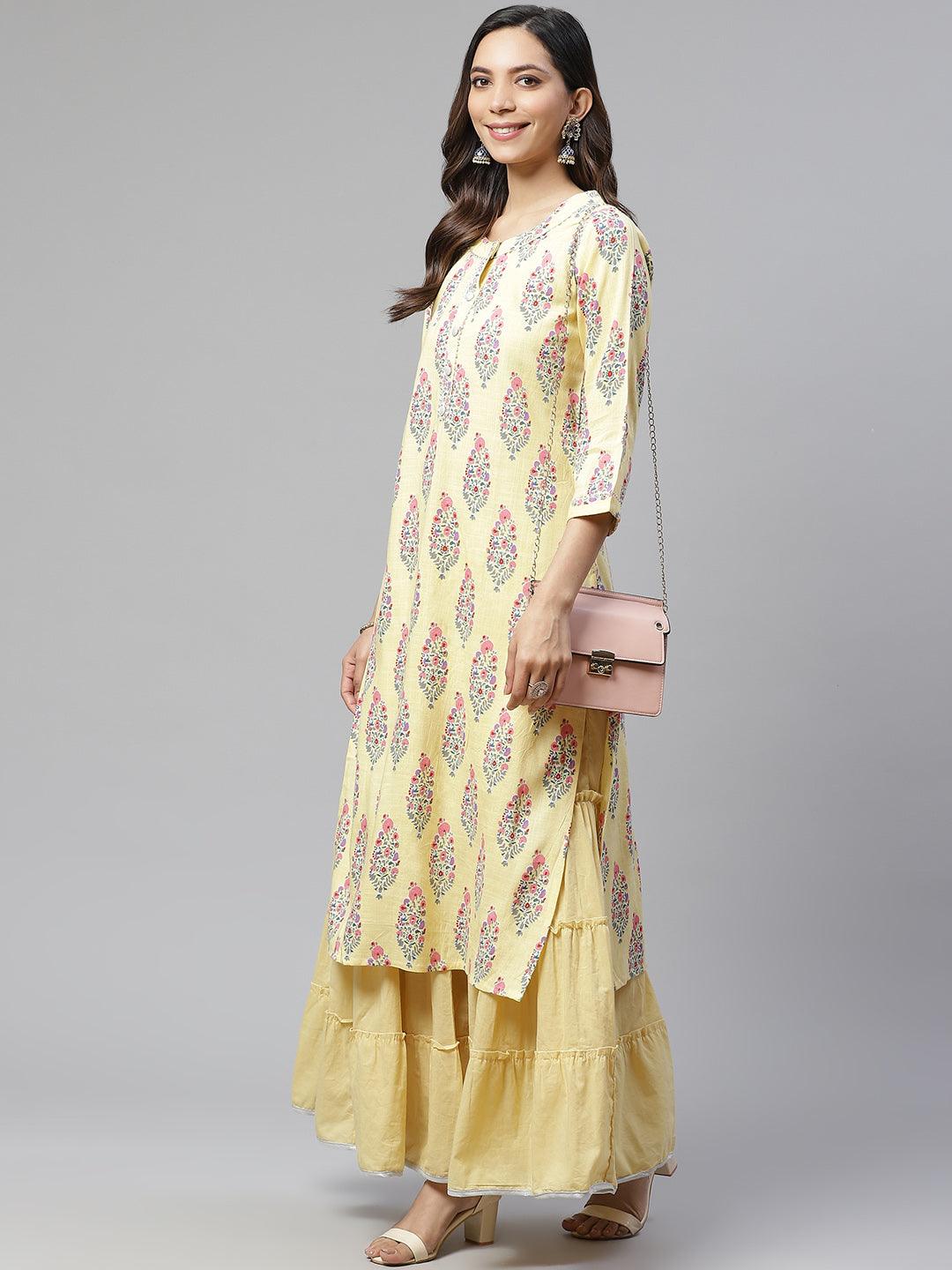  Yellow Rayon Printed Kurti Sharara Set -  world