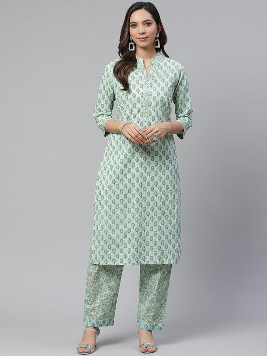  Sea Green Cotton Printed Kurti Pant Set -  world