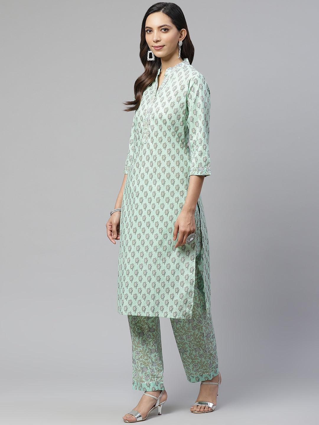 Sea Green Cotton Printed Kurti Pant Set -  world