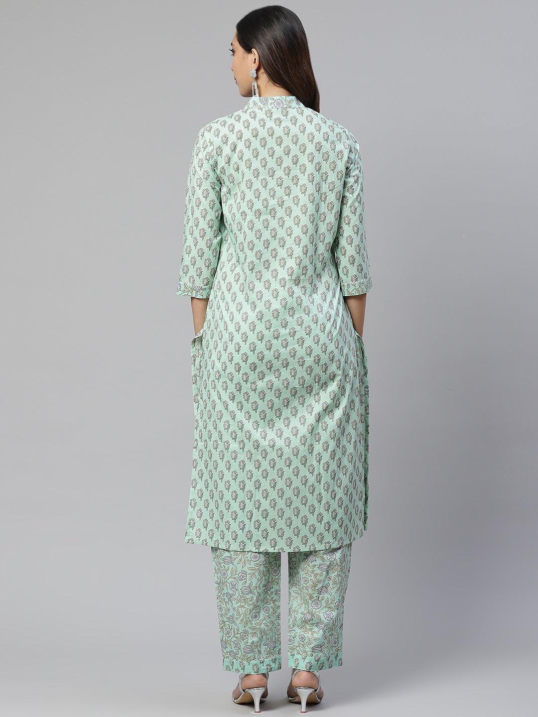  Sea Green Cotton Printed Kurti Pant Set -  world