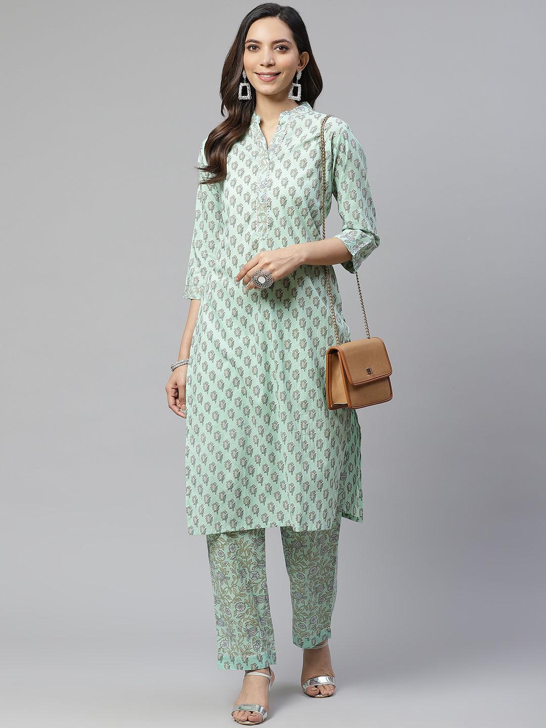  Sea Green Cotton Printed Kurti Pant Set -  world