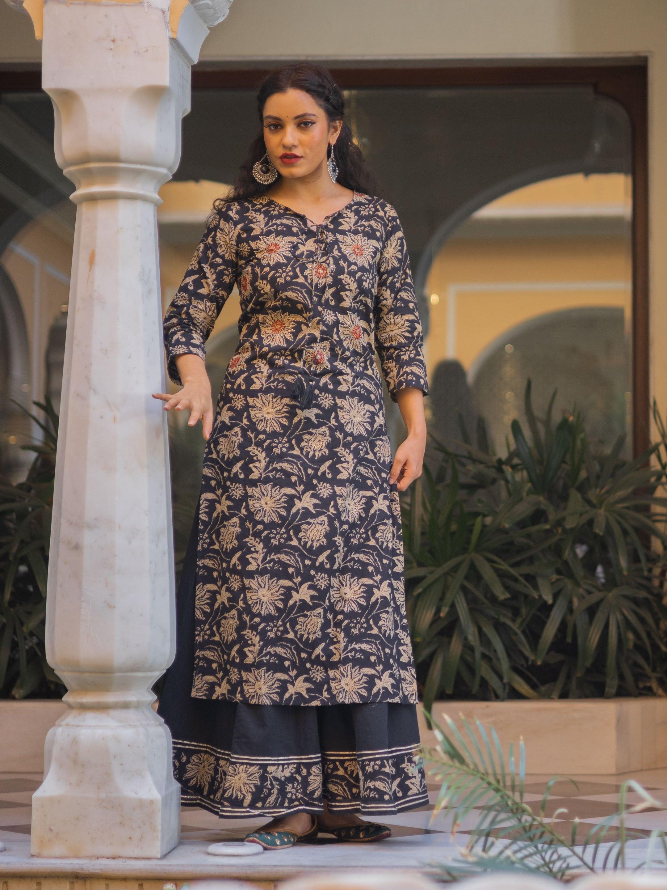  Black Printed Kurta with Palazzo Set - world.com