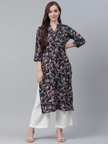  Blue Printed Rayon Straight Kurti -  world
