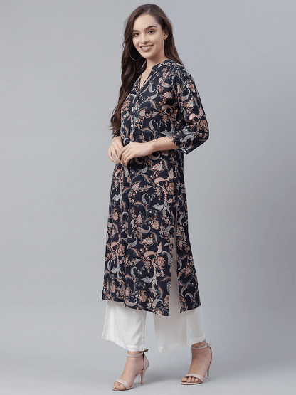  Blue Printed Rayon Straight Kurti -  world