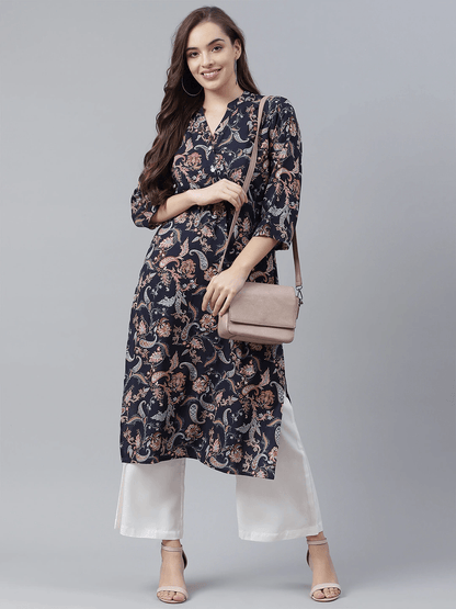  Blue Printed Rayon Straight Kurti -  world