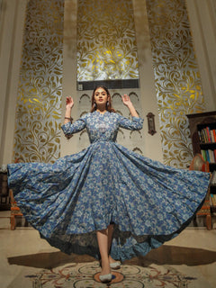 Indigo Blue High Low Flared Kurta with Belt