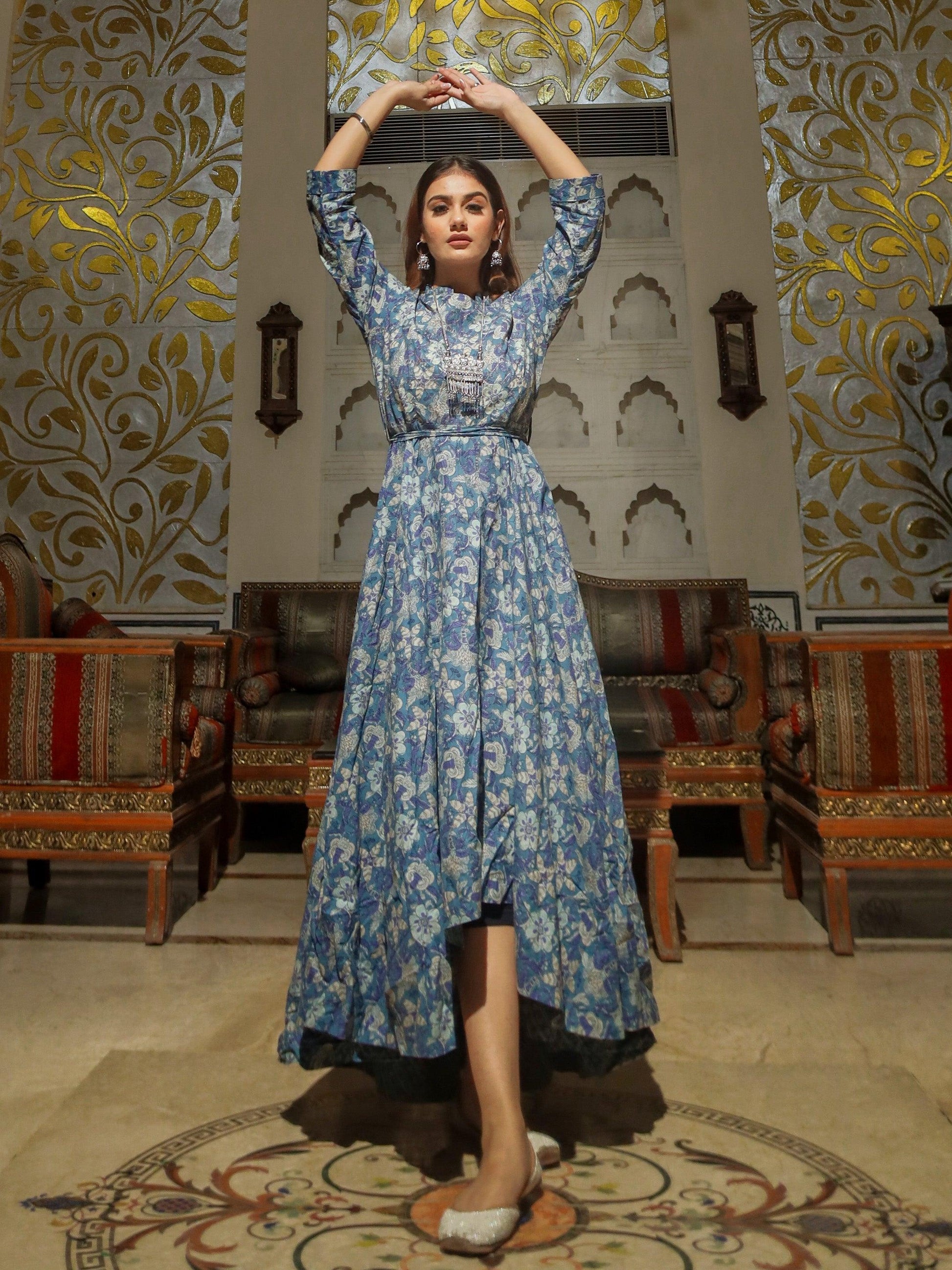  Indigo Blue High Low Flared Kurta with Belt - world.com