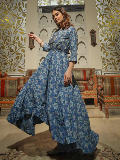  Indigo Blue High Low Flared Kurta with Belt - world.com