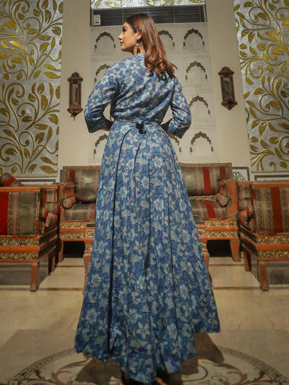  Indigo Blue High Low Flared Kurta with Belt - world.com
