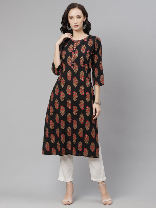  Black Floral Print Cotton Straight Kurta -  world