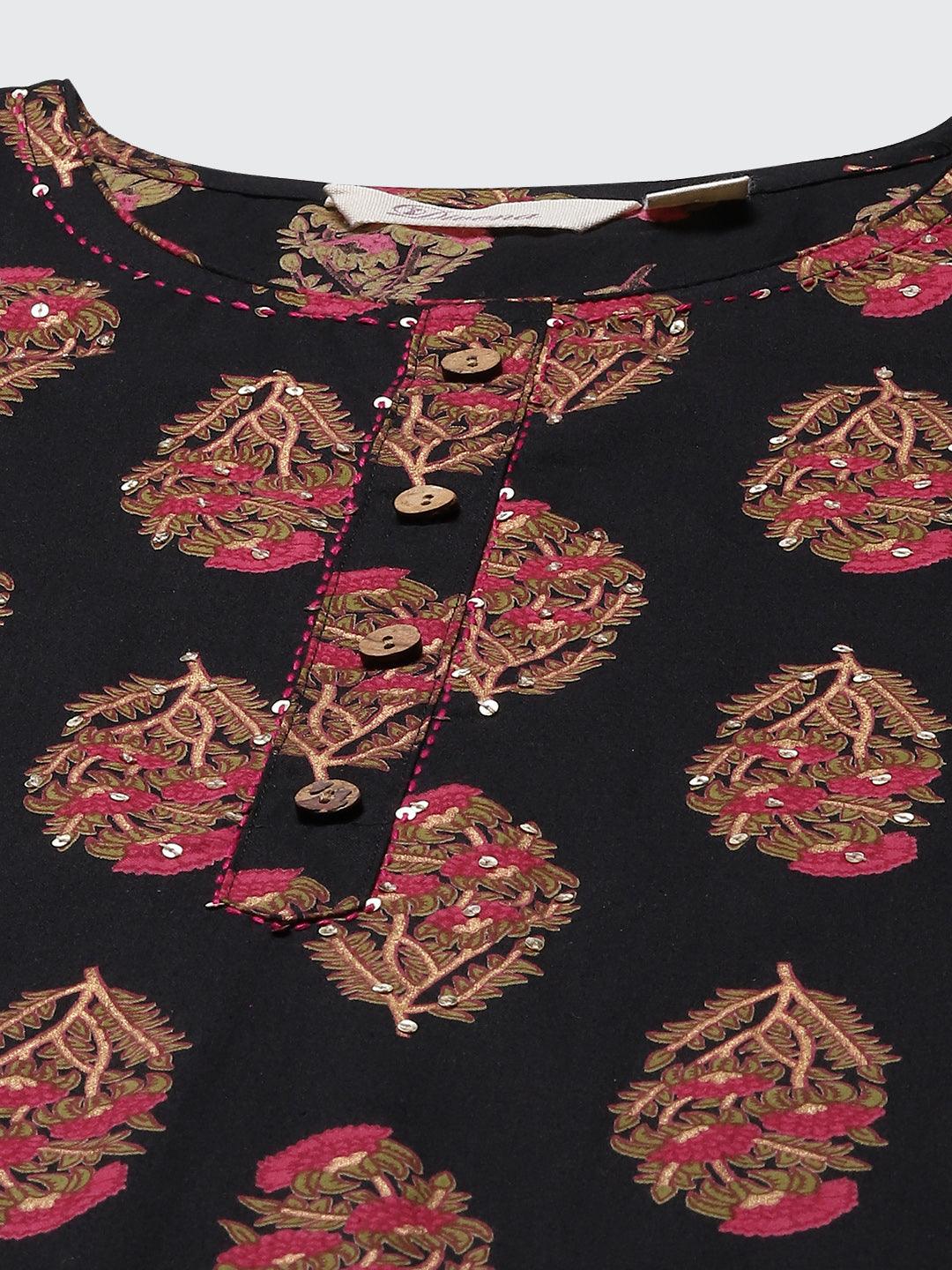  Black Floral Print Cotton Straight Kurta -  world