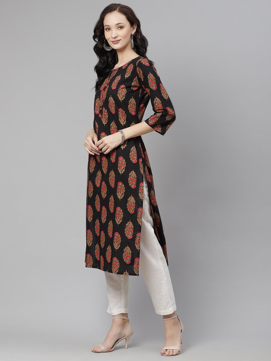  Black Floral Print Cotton Straight Kurta -  world