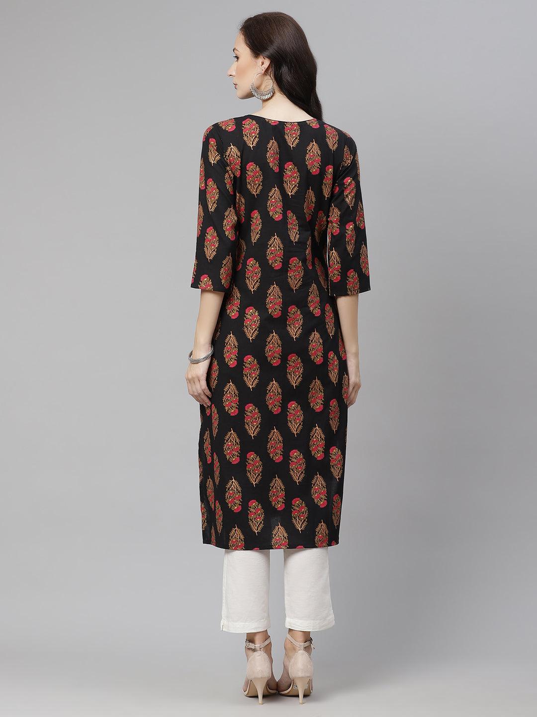  Black Floral Print Cotton Straight Kurta -  world