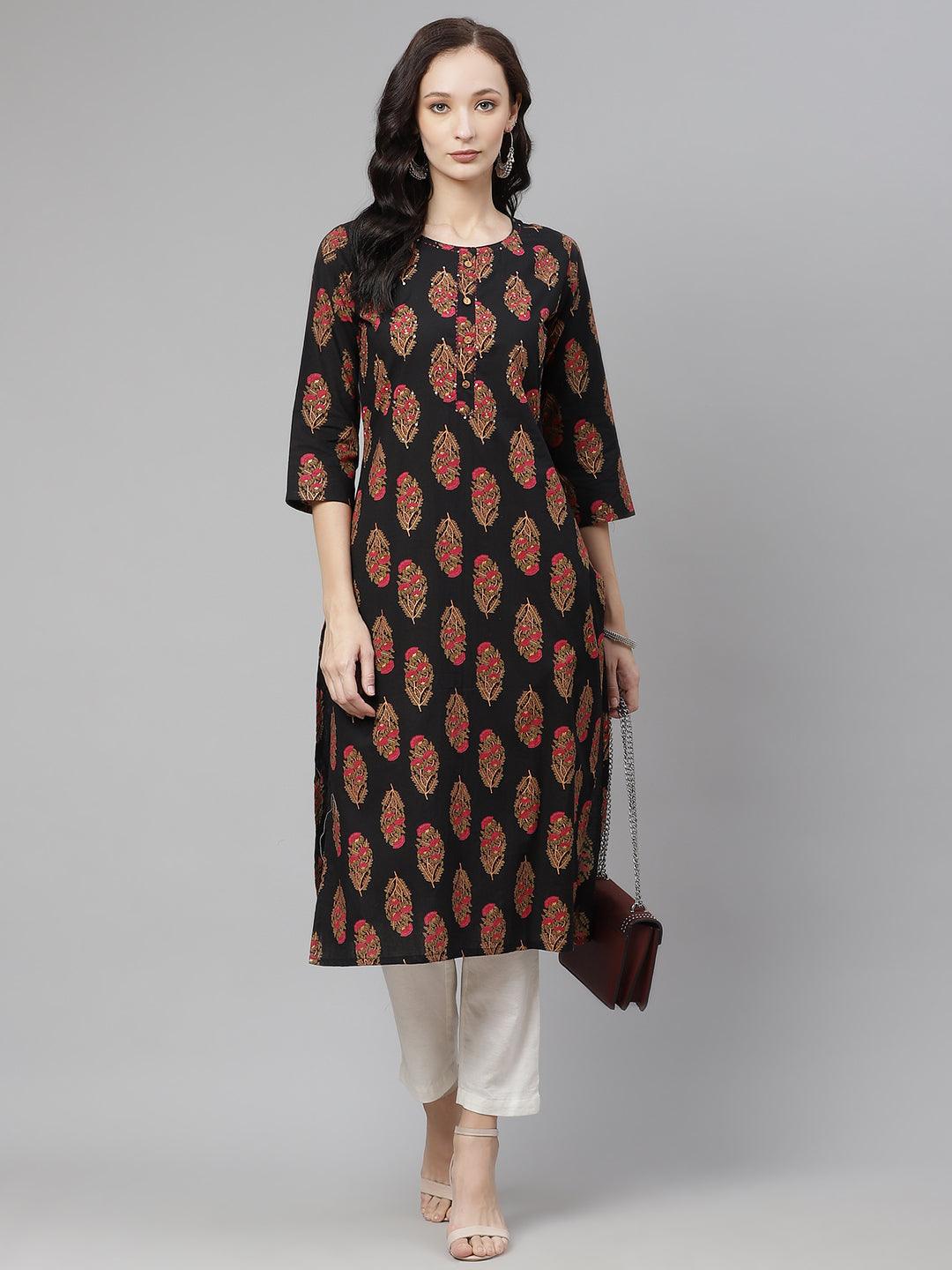  Black Floral Print Cotton Straight Kurta -  world