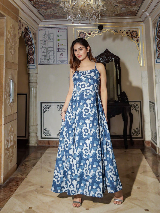  Indigo Print Cotton Long Dress - world.com