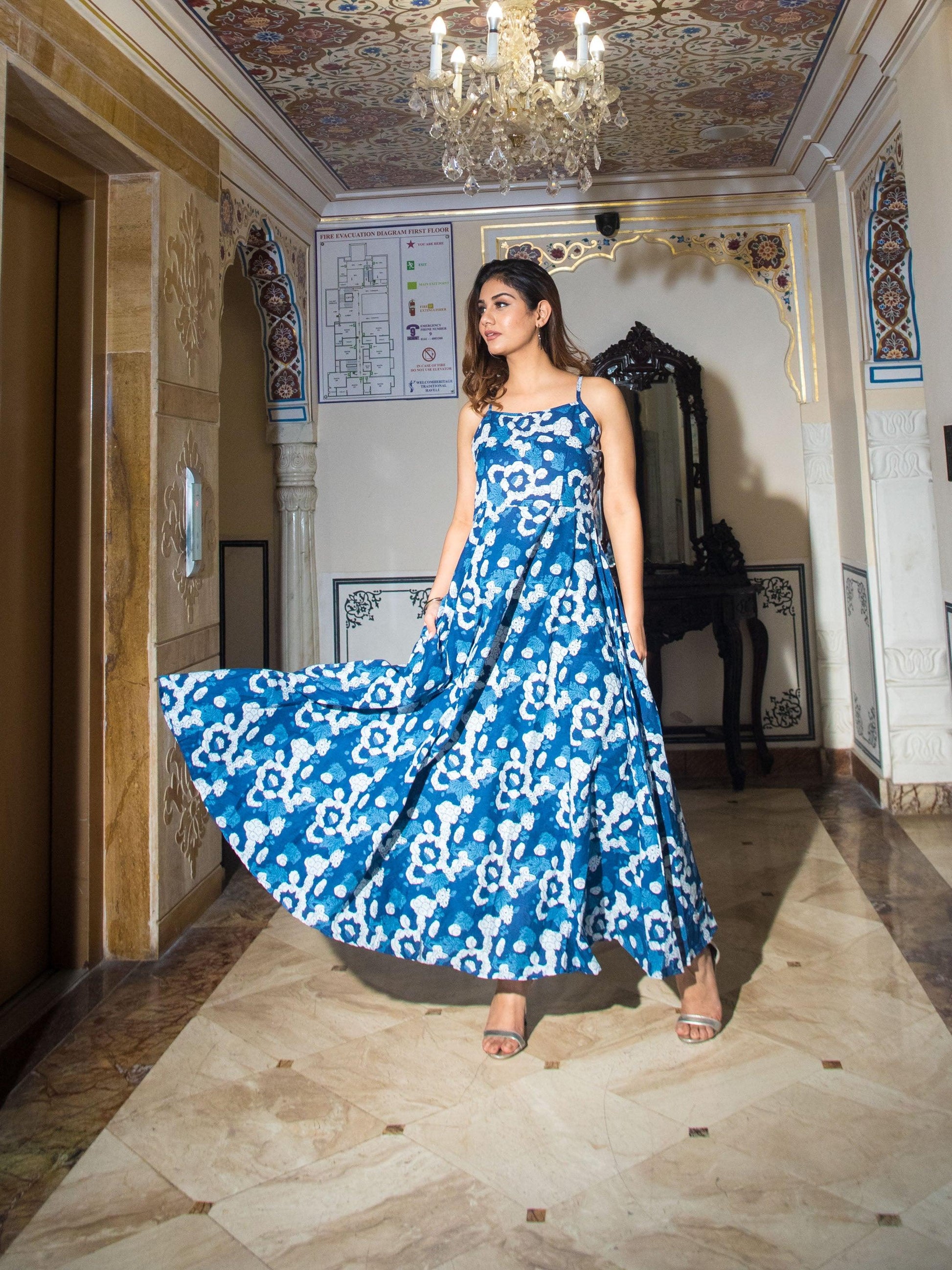  Indigo Print Cotton Long Dress - world.com