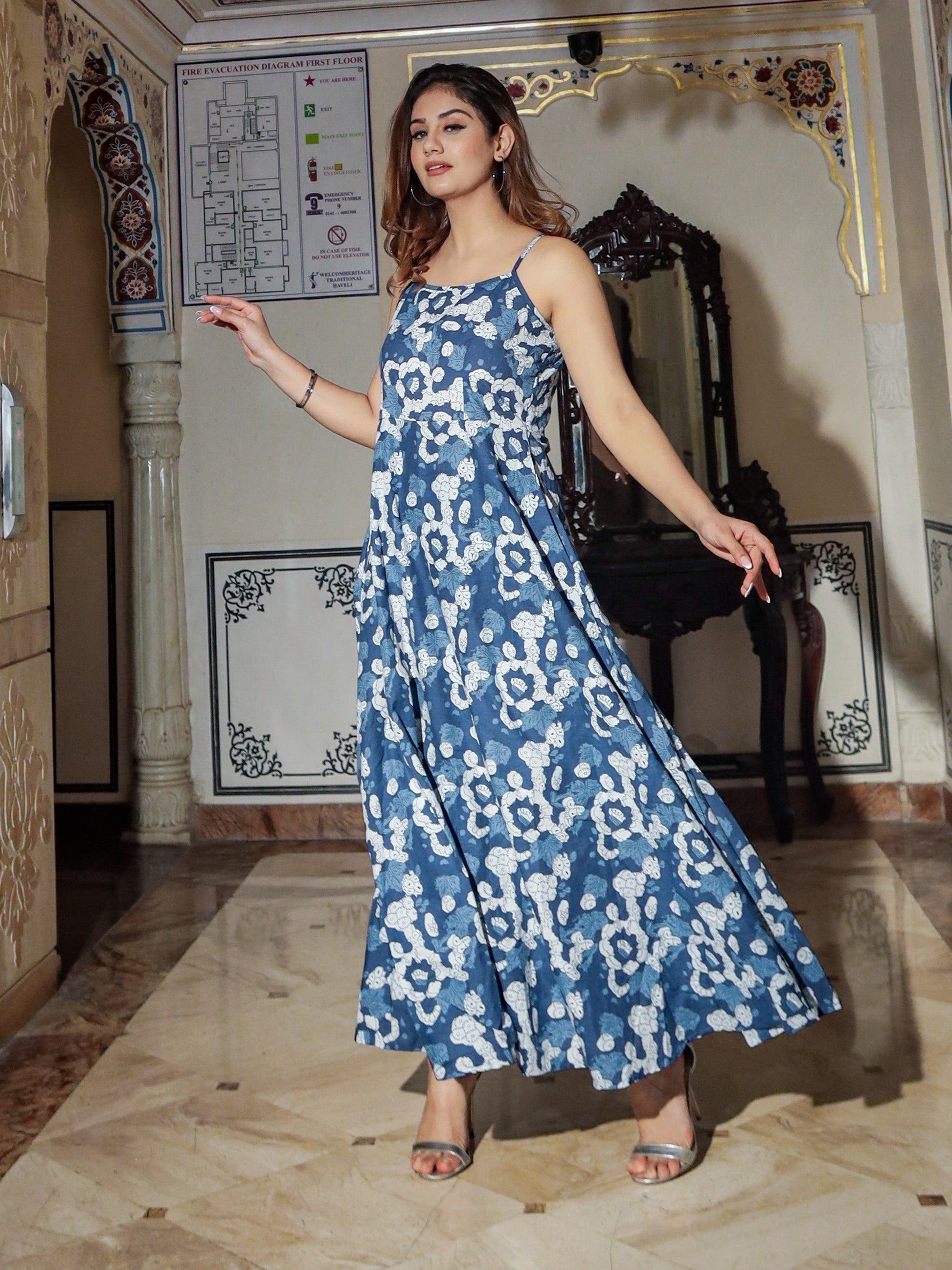  Indigo Print Cotton Long Dress - world.com