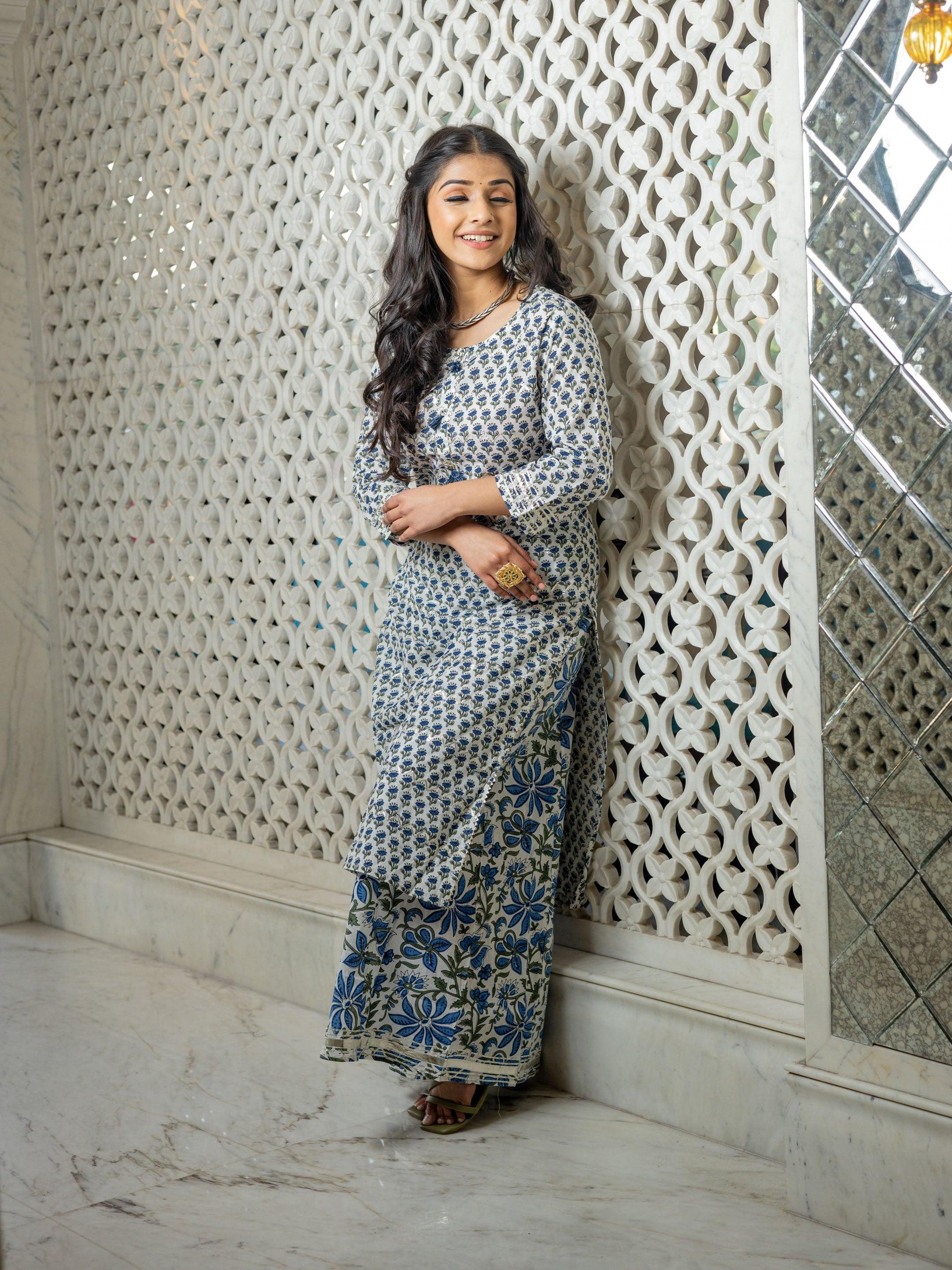  White Gota Work Kurta with Palazzo Set - world.com