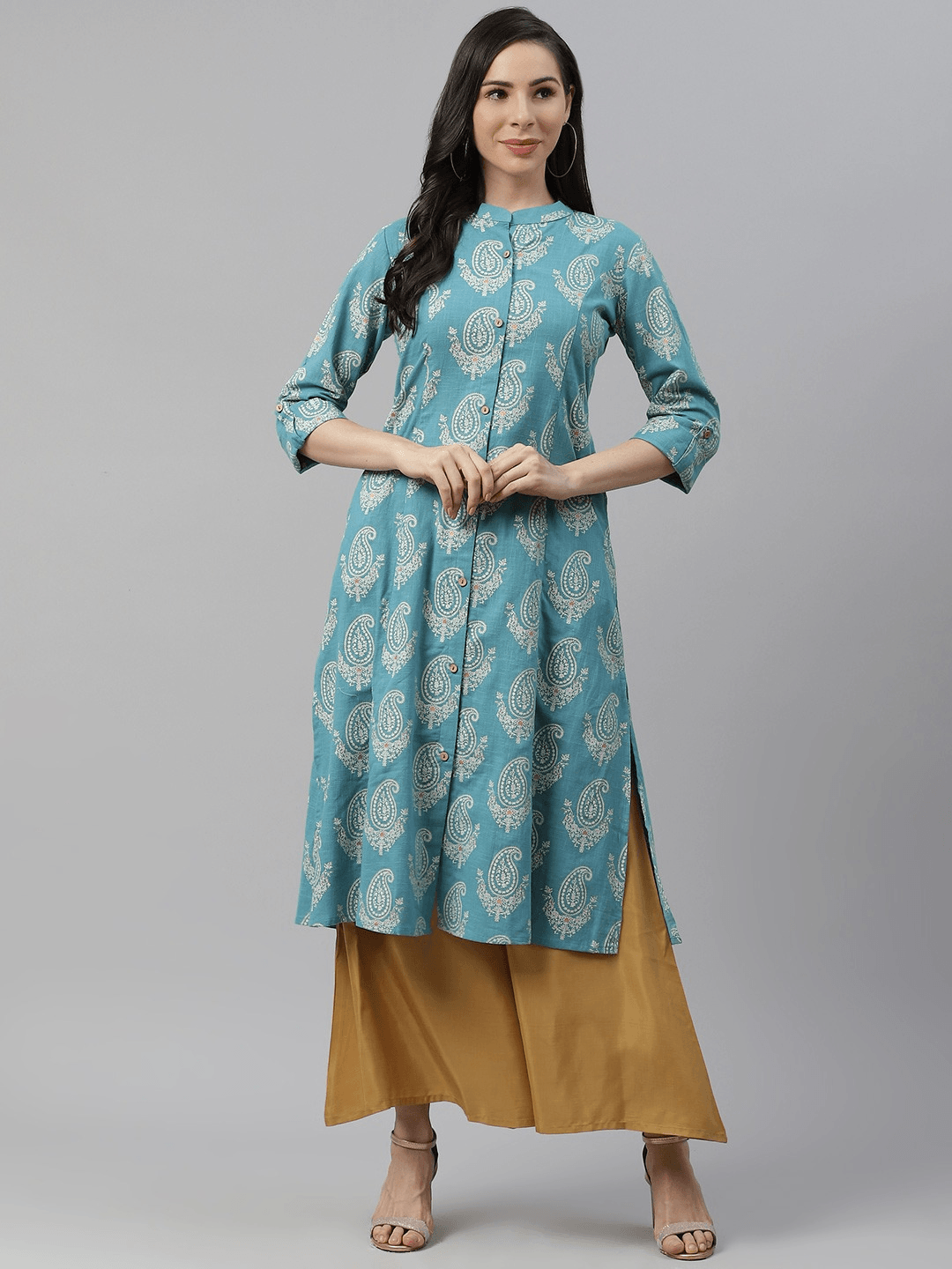  Sky Blue Cotton Printed Kurta -  world