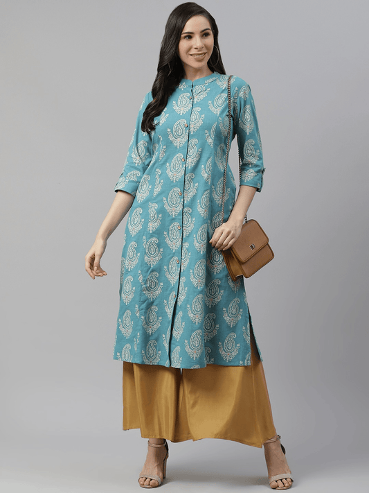  Sky Blue Cotton Printed Kurta -  world