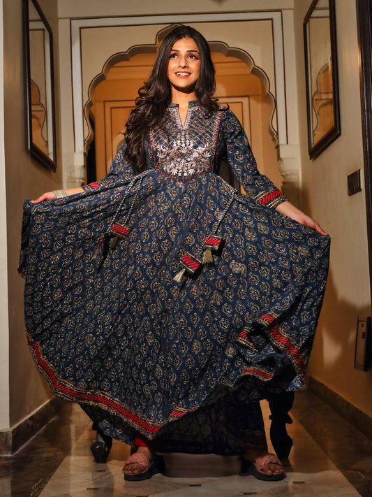  Blue Cotton Anarkali Kurta - world.com