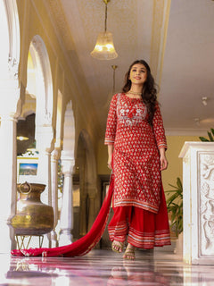 maroon Cotton Kurta palazzo set with net dupatta