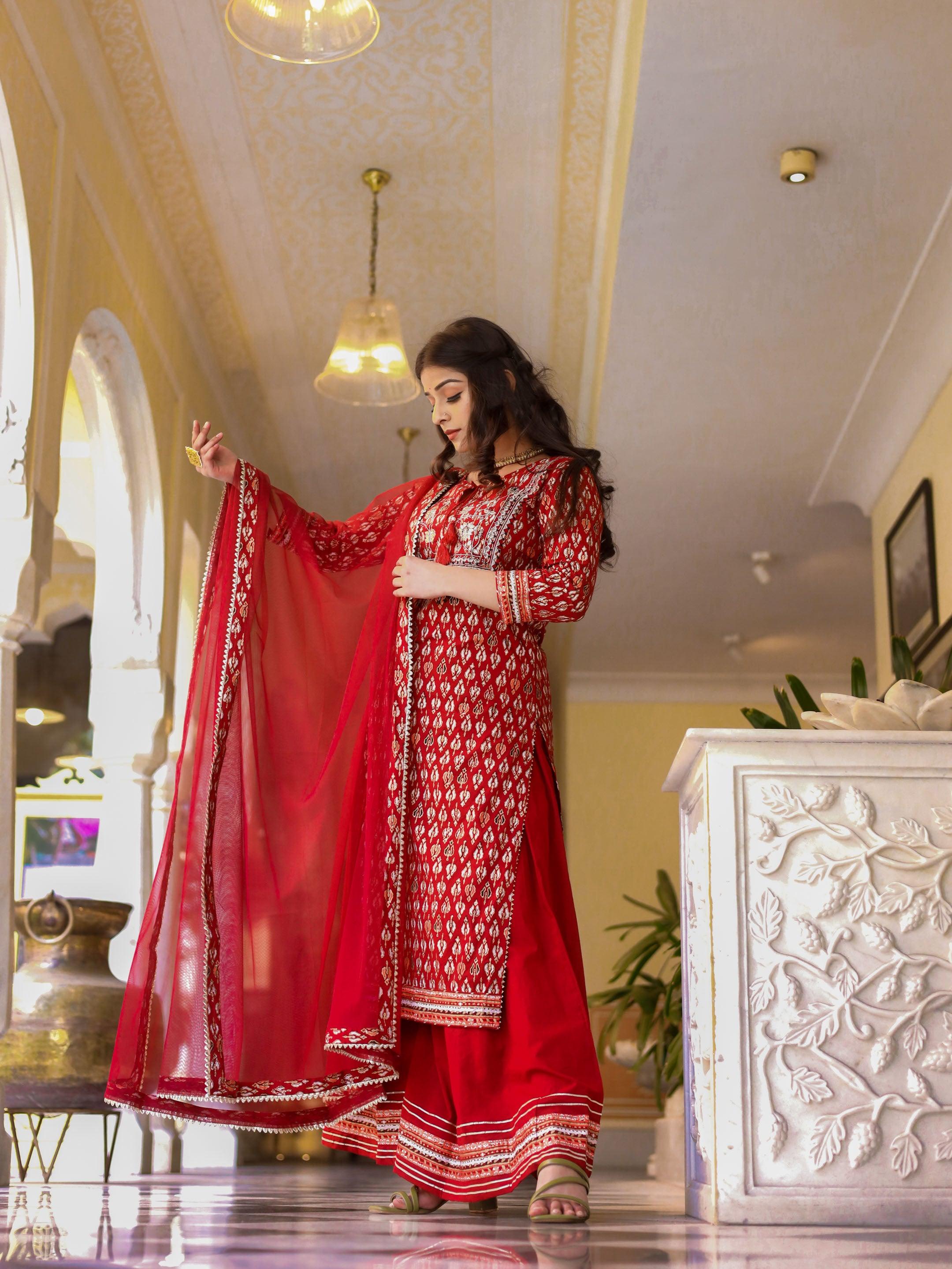  maroon Cotton Kurta palazzo set with net dupatta - world.com