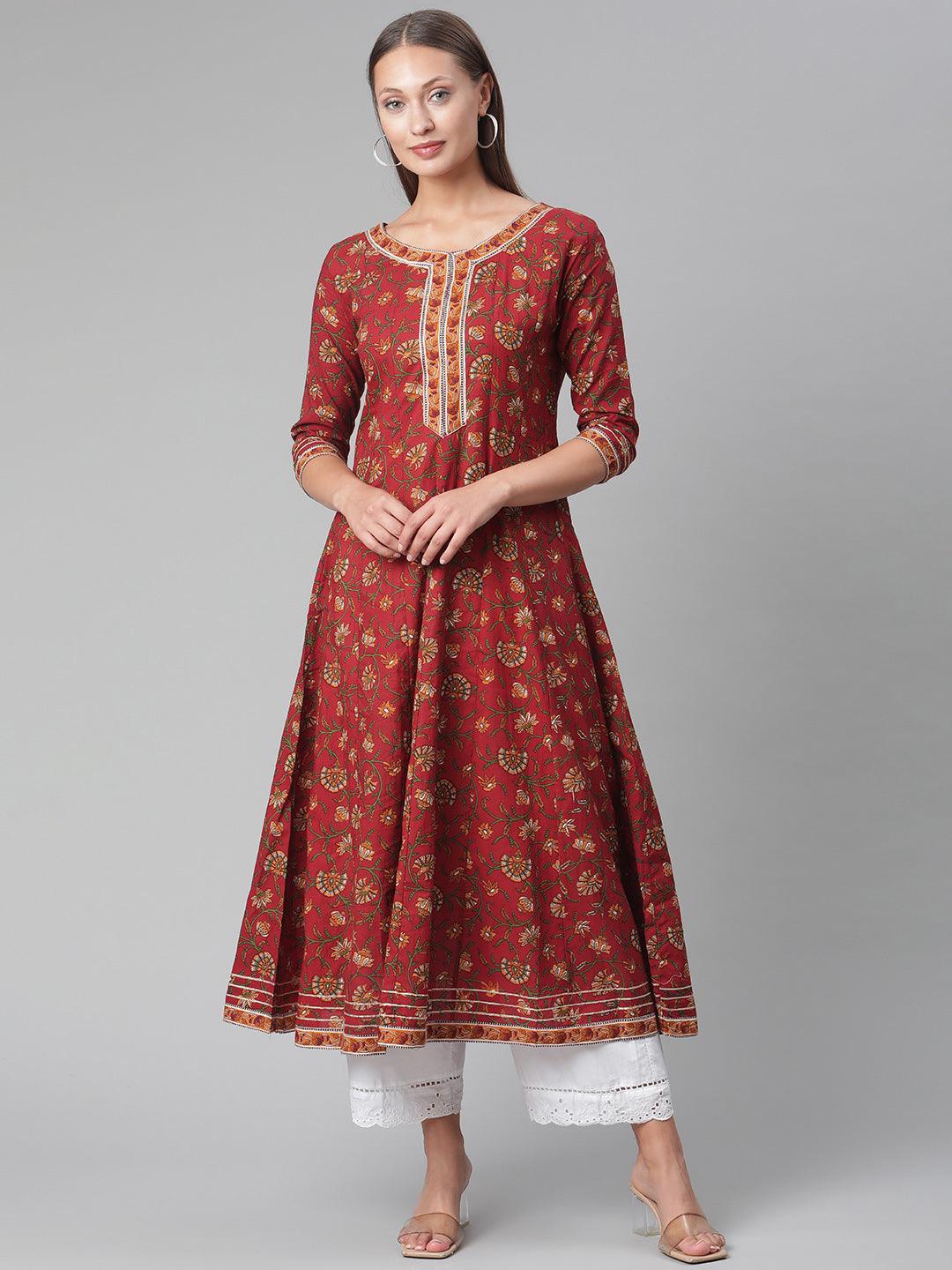  Red Flaired Cotton Anarkali Kurta -  world